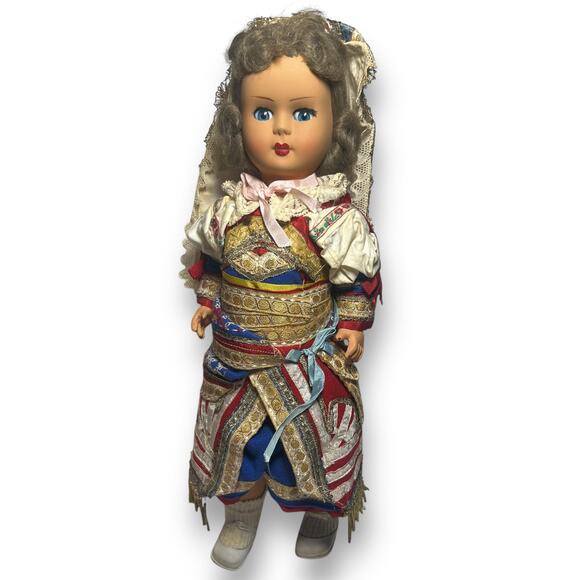 Vintage 30s Eastern European Dressed Composition Doll 17 Inches Bride Jointed - Picture 2 of 16